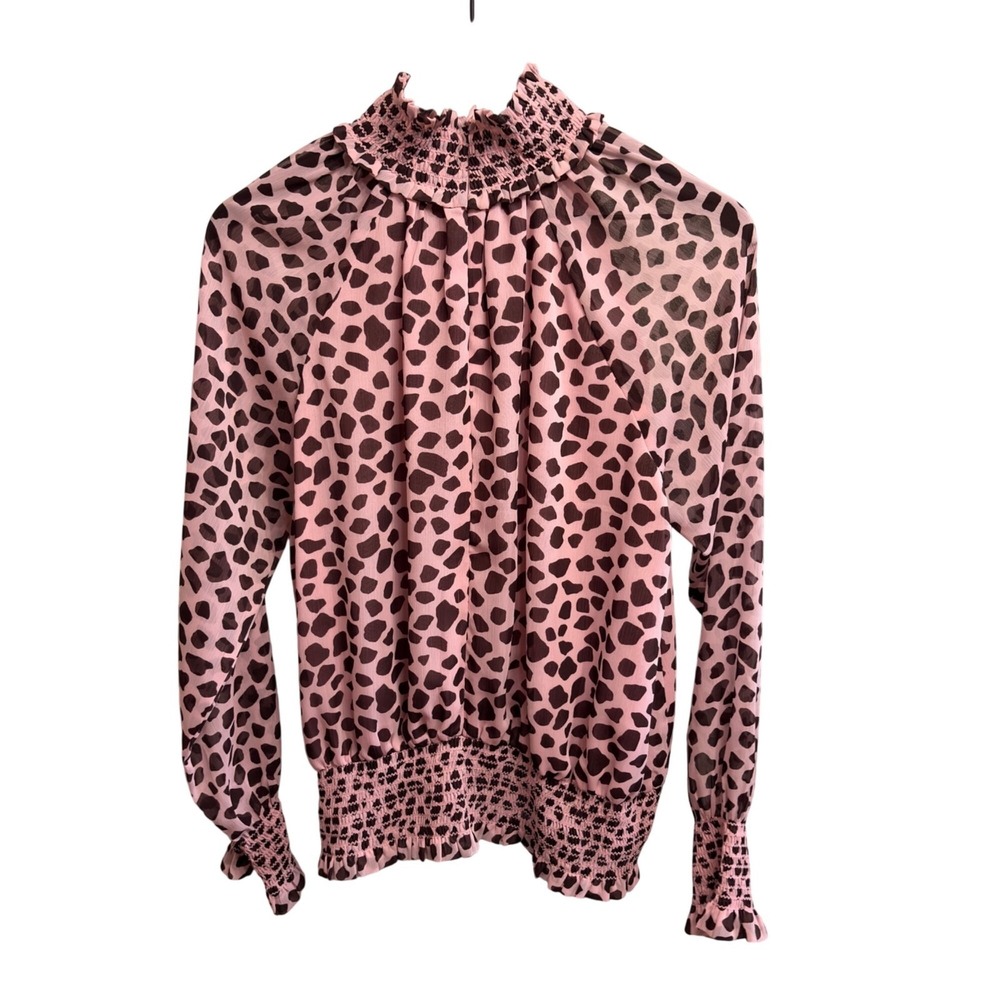 Pink & Black Animal Print High Neck Smocked Long Sleeve Top By Ann Taylor Size M